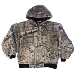 Vintage 90s Wolf Mountain Hunting Jacket - L Distressed Mossy Oak Camo Hooded